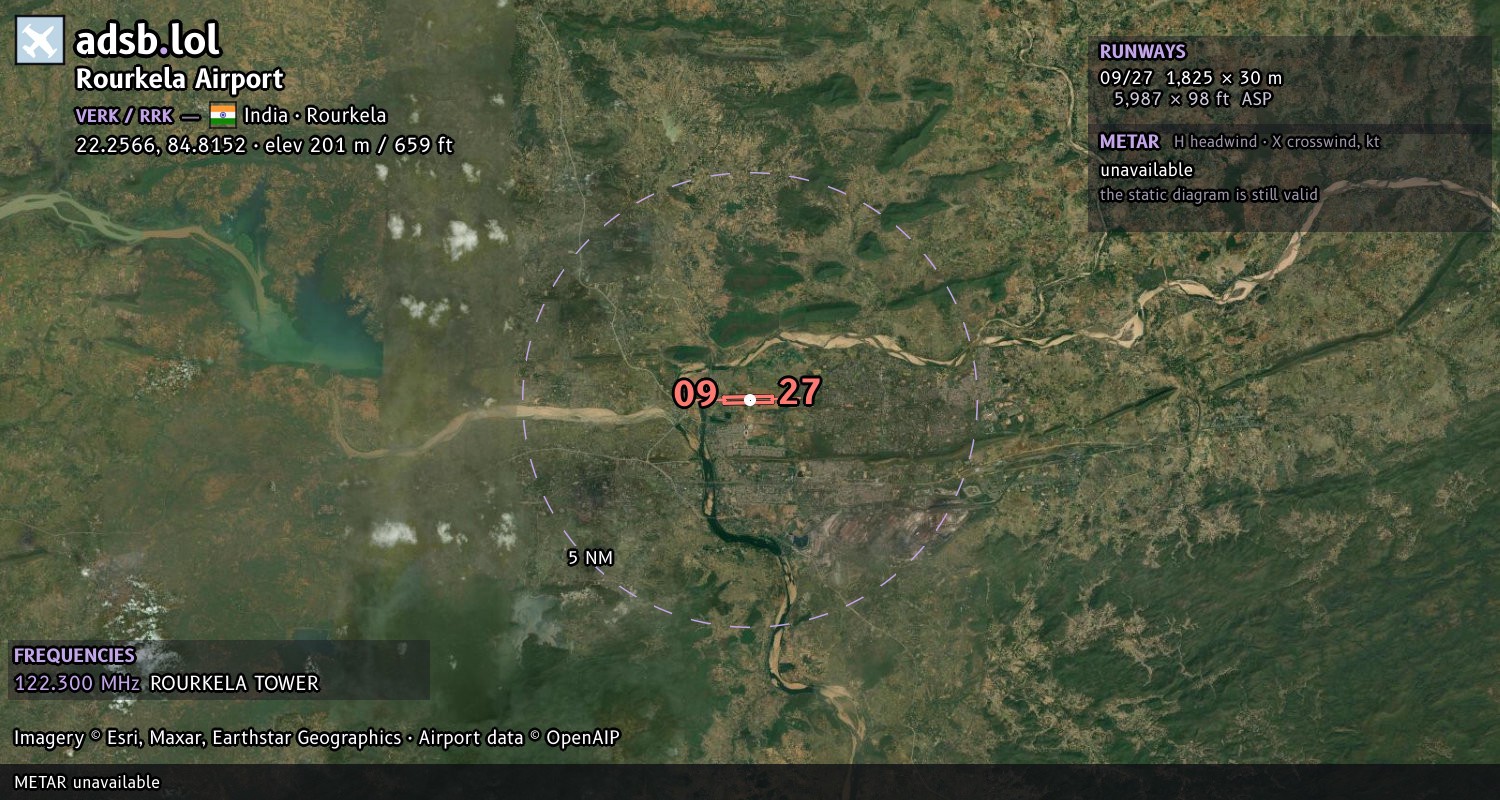 Satellite map with the runway layout of Rourkela Airport (VERK)