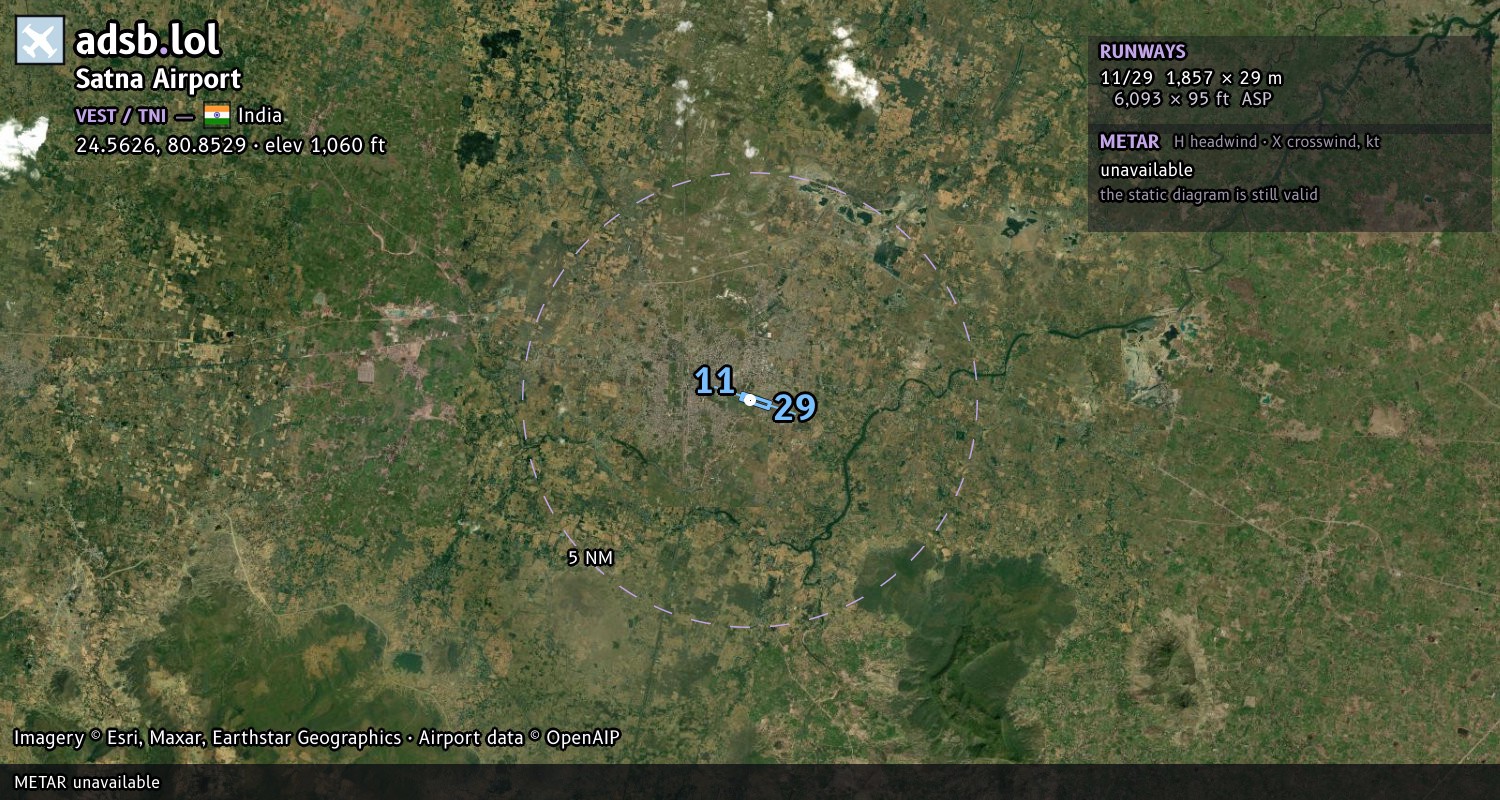 Satellite map with the runway layout of Satna Airport (VEST)
