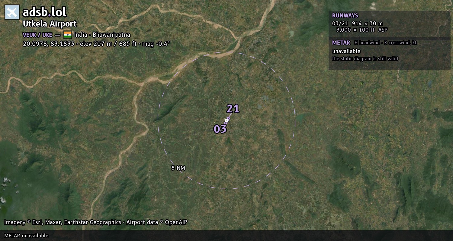 Satellite map with the runway layout of Utkela Airport (VEUK)