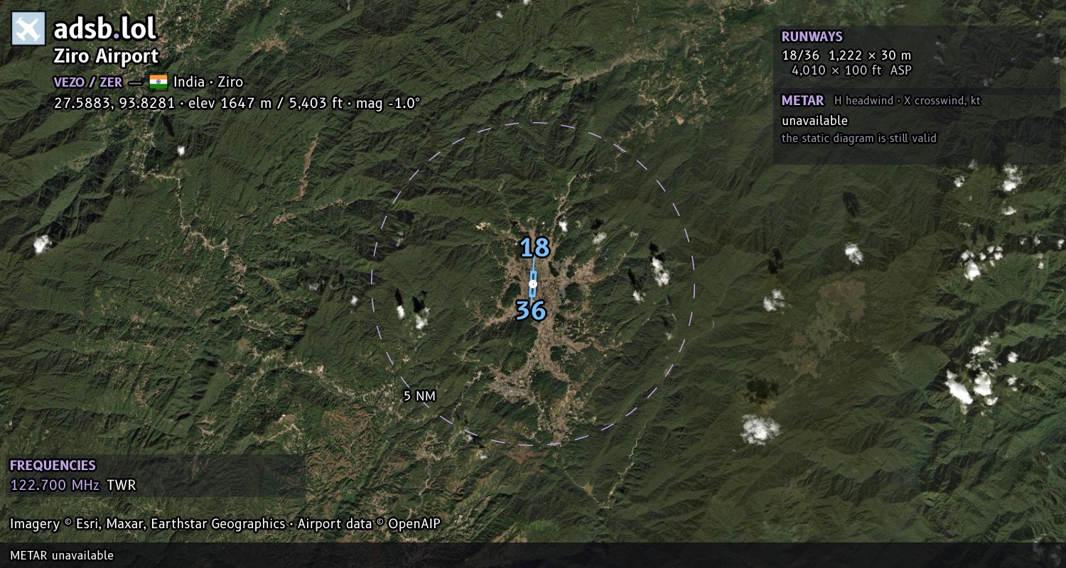 Satellite map with the runway layout of Ziro Airport (VEZO)