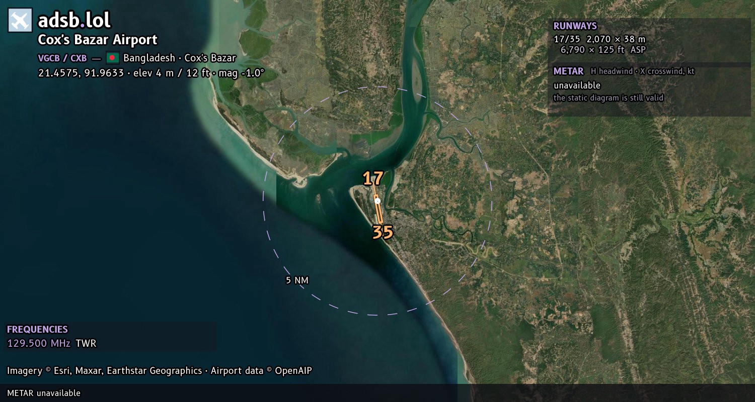 Satellite map with the runway layout of Cox's Bazar Airport (VGCB)