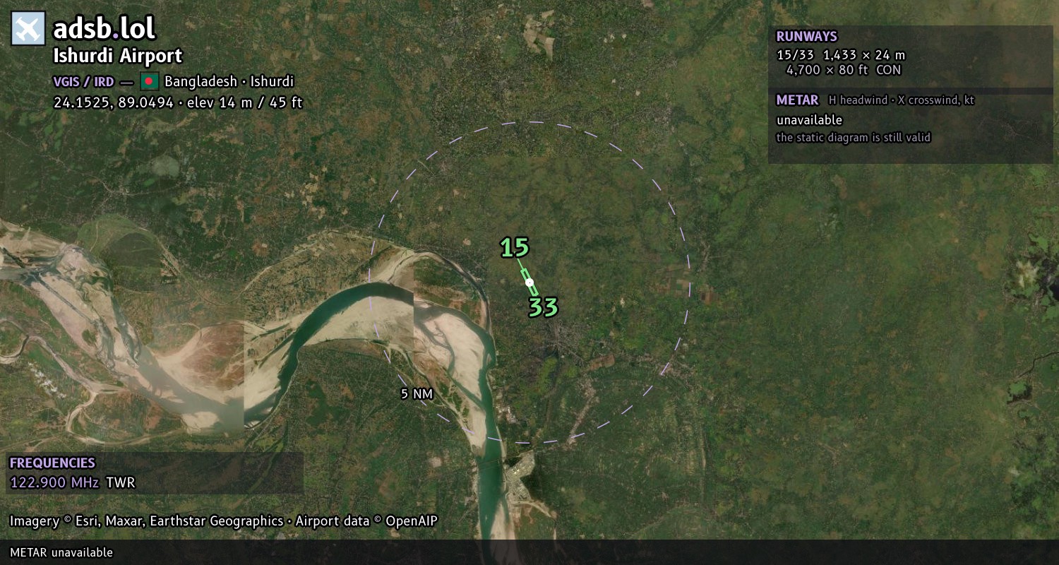 Satellite map with the runway layout of Ishurdi Airport (VGIS)