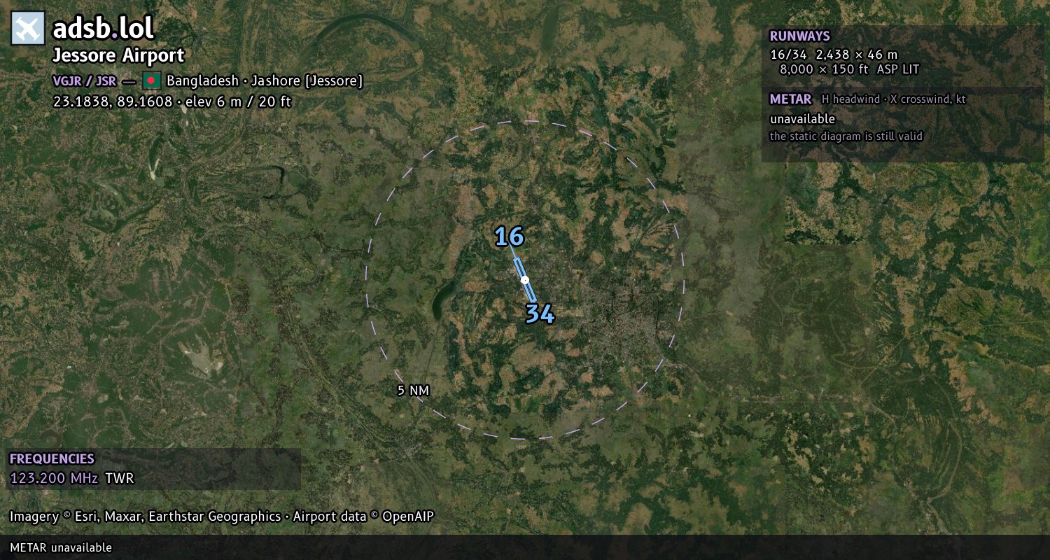Satellite map with the runway layout of Jessore Airport (VGJR)