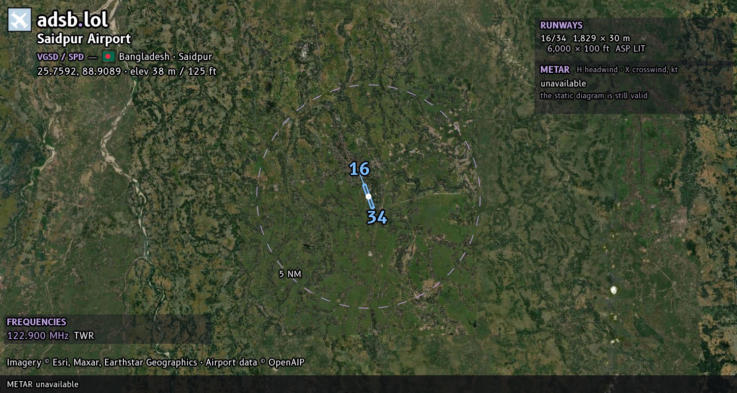 Satellite map with the runway layout of Saidpur Airport (VGSD)