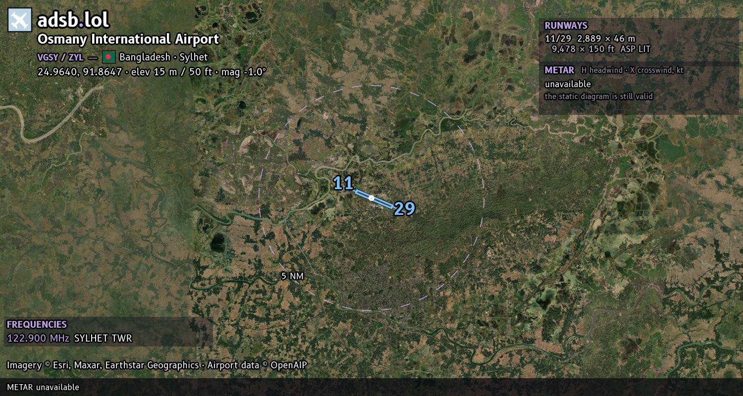 Satellite map with the runway layout of Osmany International Airport (VGSY)
