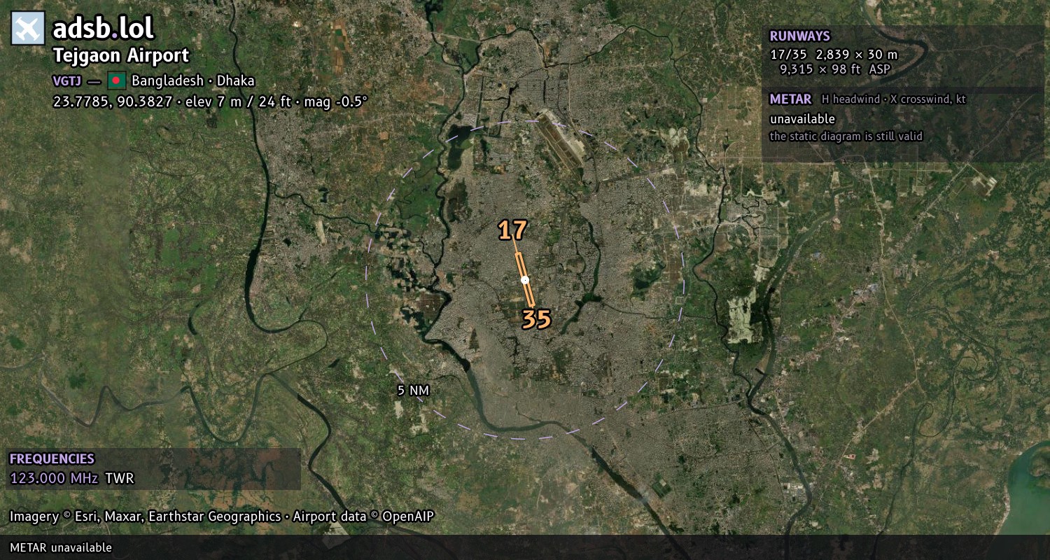 Satellite map with the runway layout of Tejgaon Airport (VGTJ)