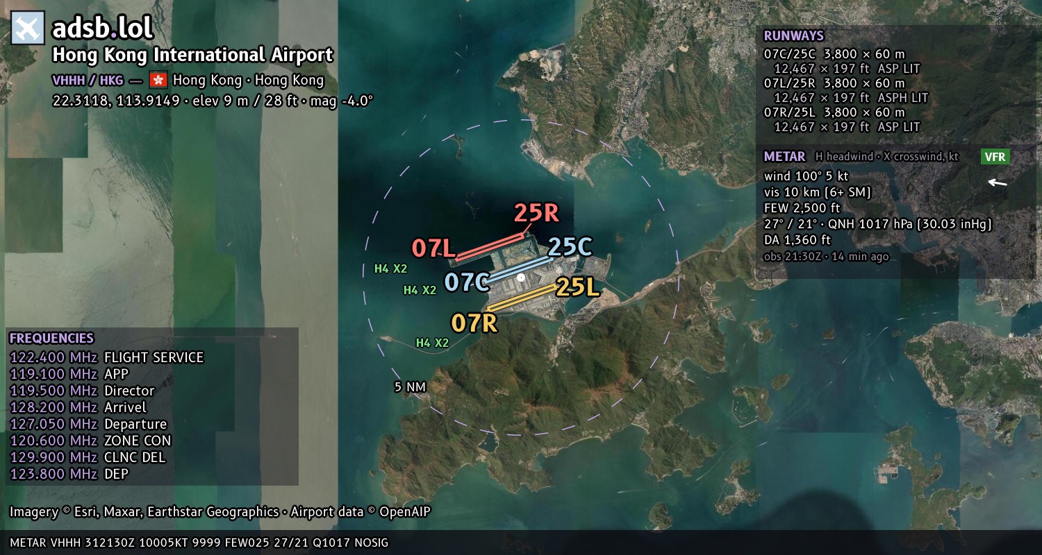 Satellite map with the runway layout of Hong Kong International Airport (VHHH)