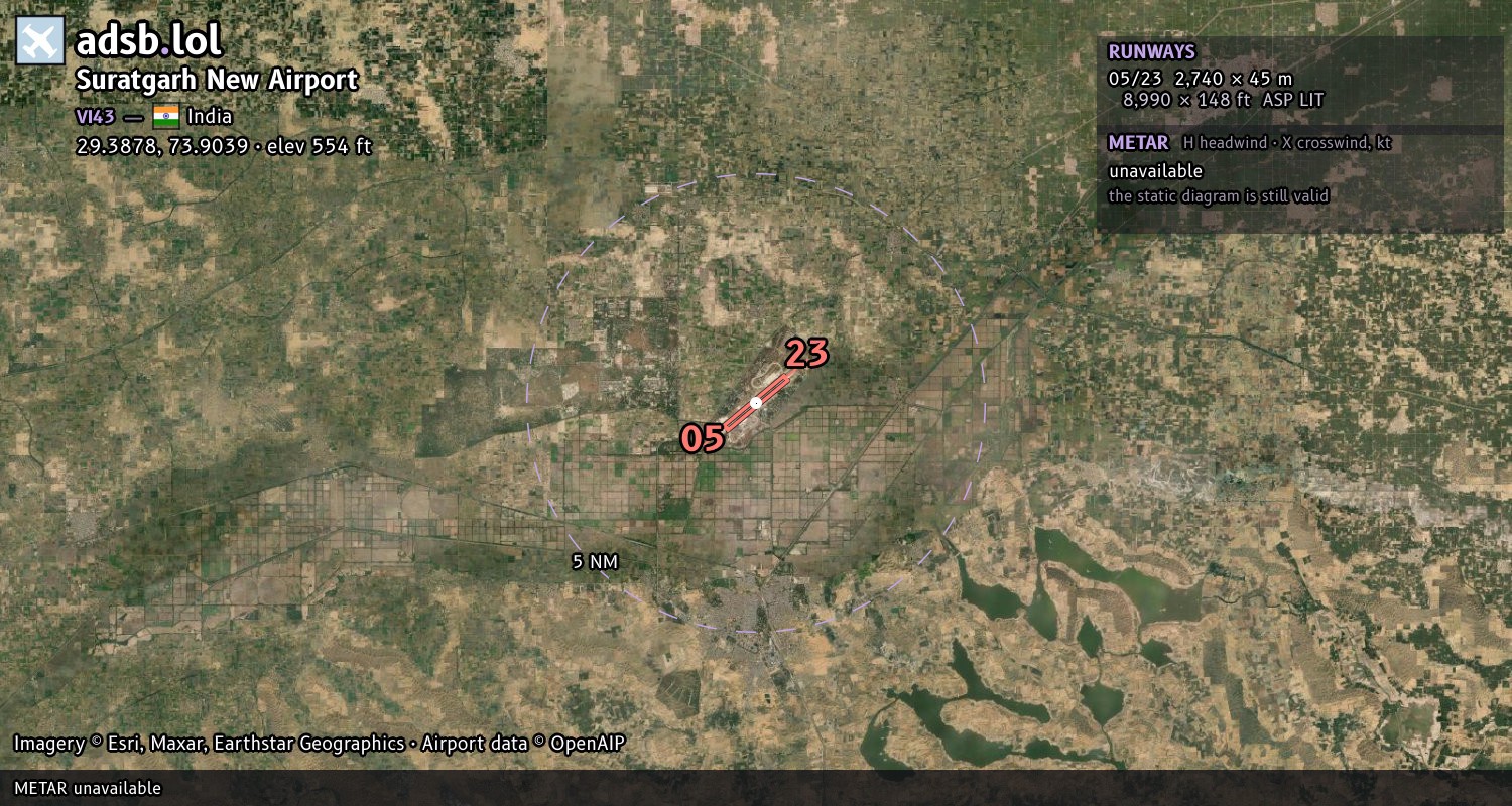 Satellite map with the runway layout of Suratgarh New Airport (VI43)