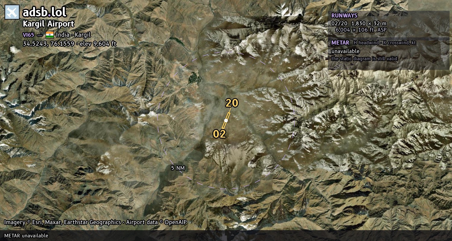 Satellite map with the runway layout of Kargil Airport (VI65)