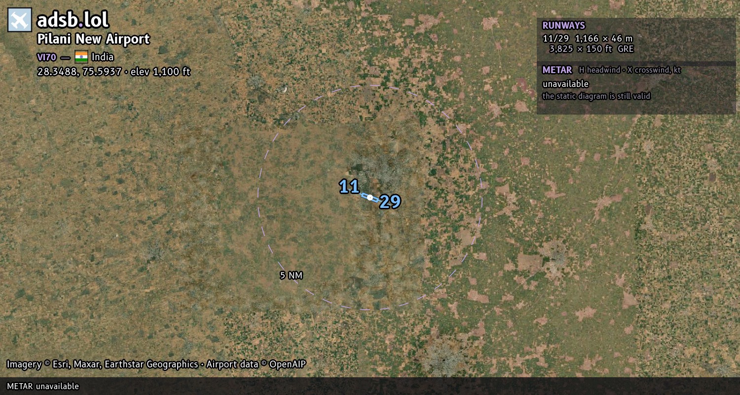 Satellite map with the runway layout of Pilani New Airport (VI70)