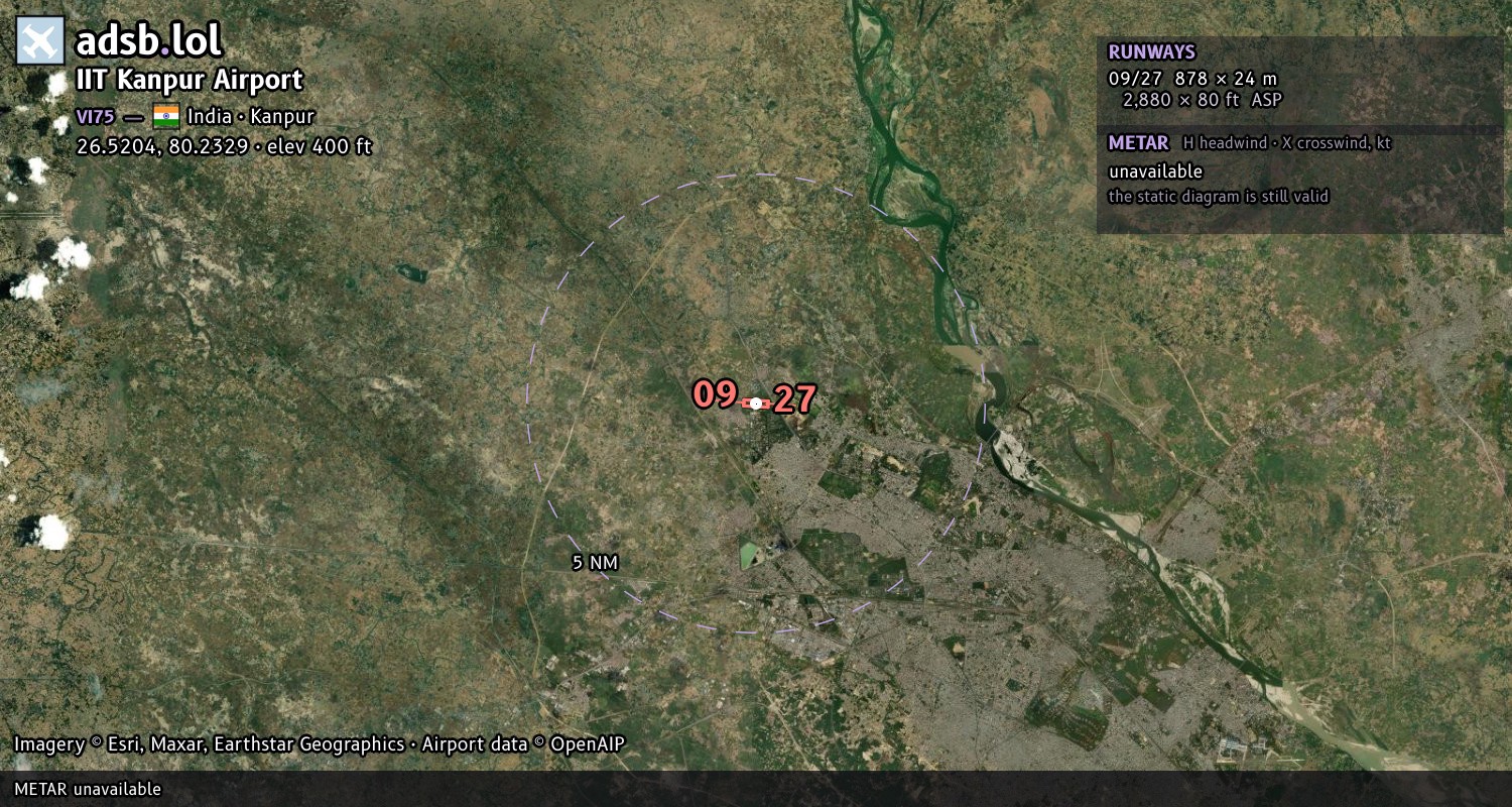 Satellite map with the runway layout of IIT Kanpur Airport (VI75)