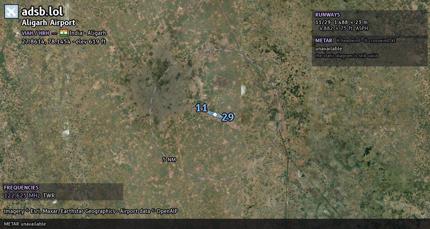 Satellite map with the runway layout of Aligarh Airport (VIAH)