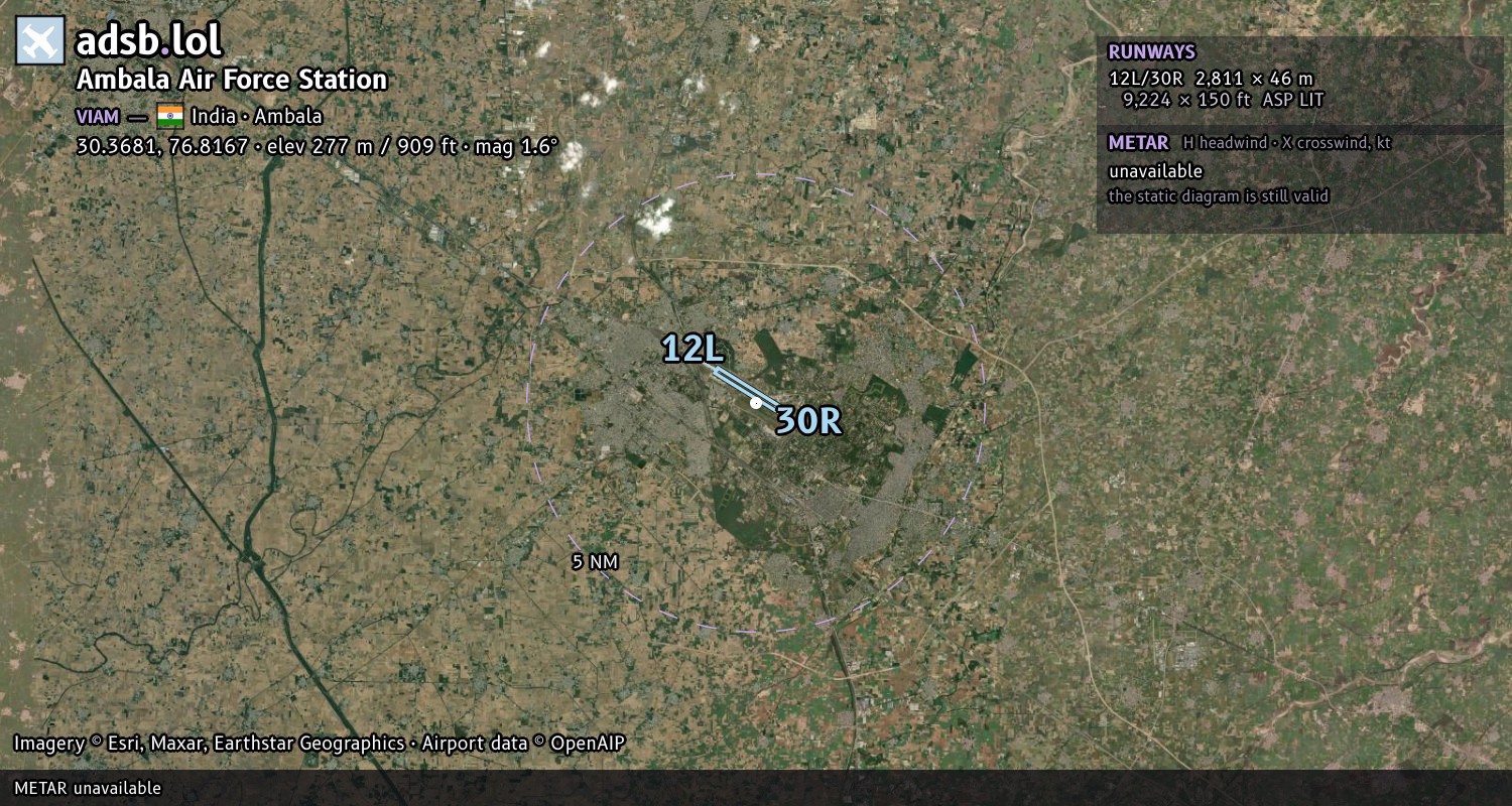 Satellite map with the runway layout of Ambala Air Force Station (VIAM)