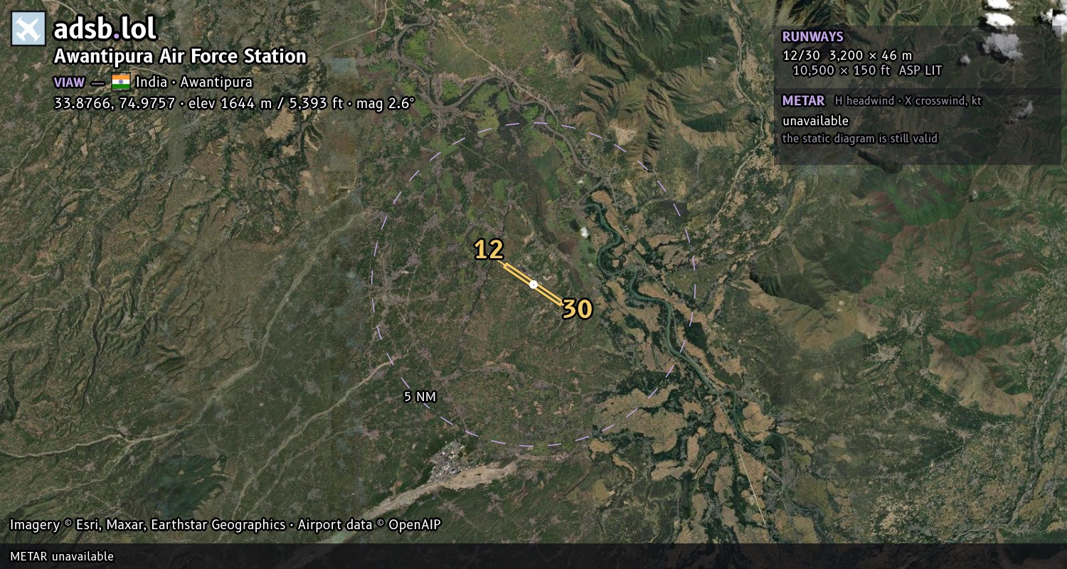 Satellite map with the runway layout of Awantipura Air Force Station (VIAW)