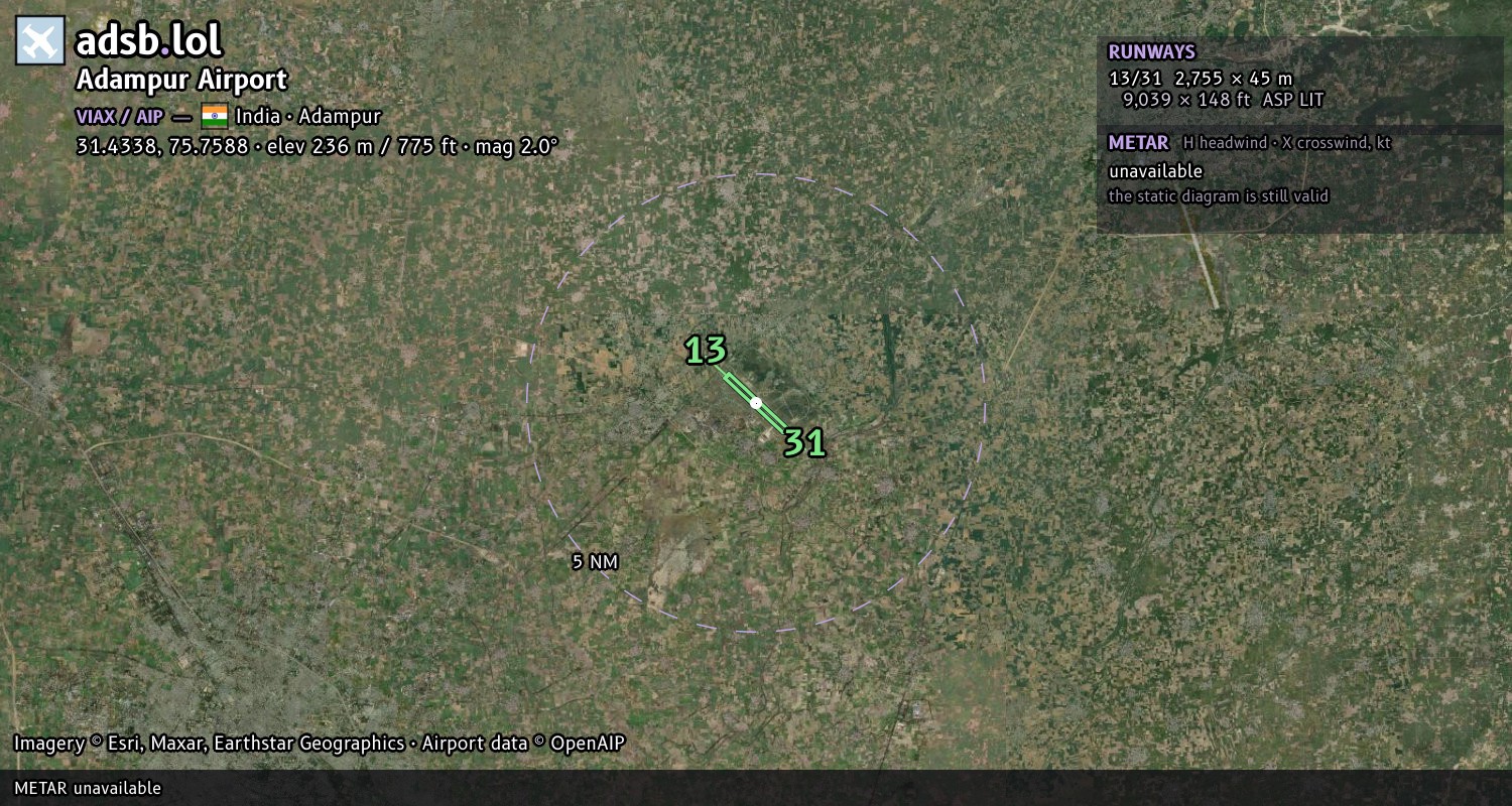 Satellite map with the runway layout of Adampur Airport (VIAX)