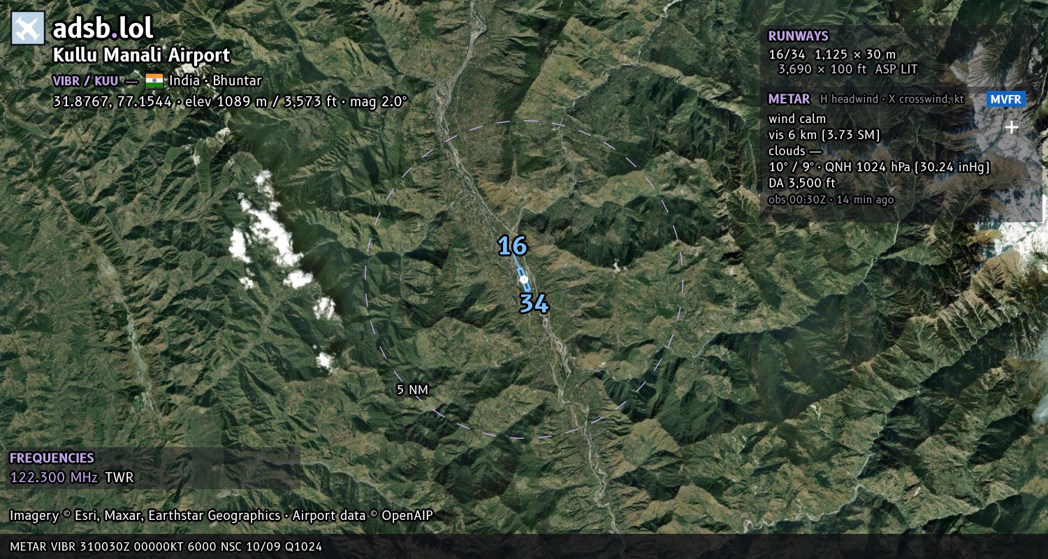 Satellite map with the runway layout of Kullu Manali Airport (VIBR)