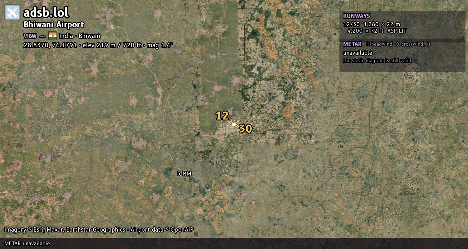 Satellite map with the runway layout of Bhiwani Airport (VIBW)