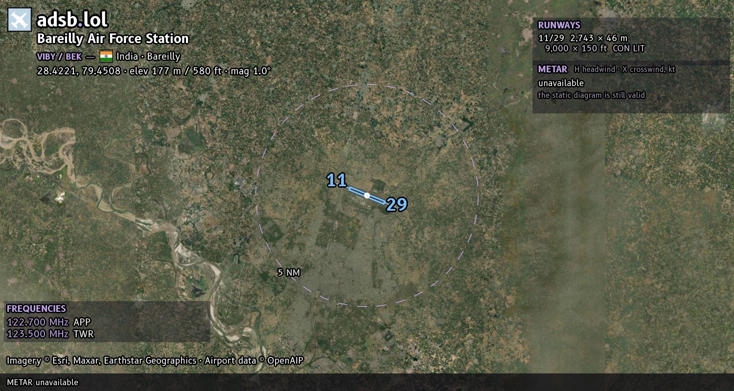 Satellite map with the runway layout of Bareilly Air Force Station (VIBY)