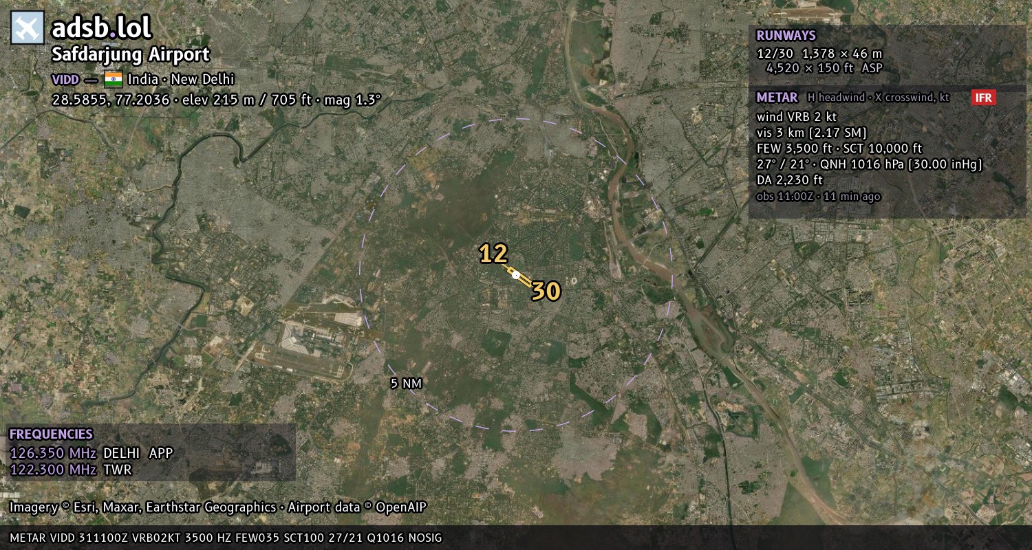Satellite map with the runway layout of Safdarjung Airport (VIDD)