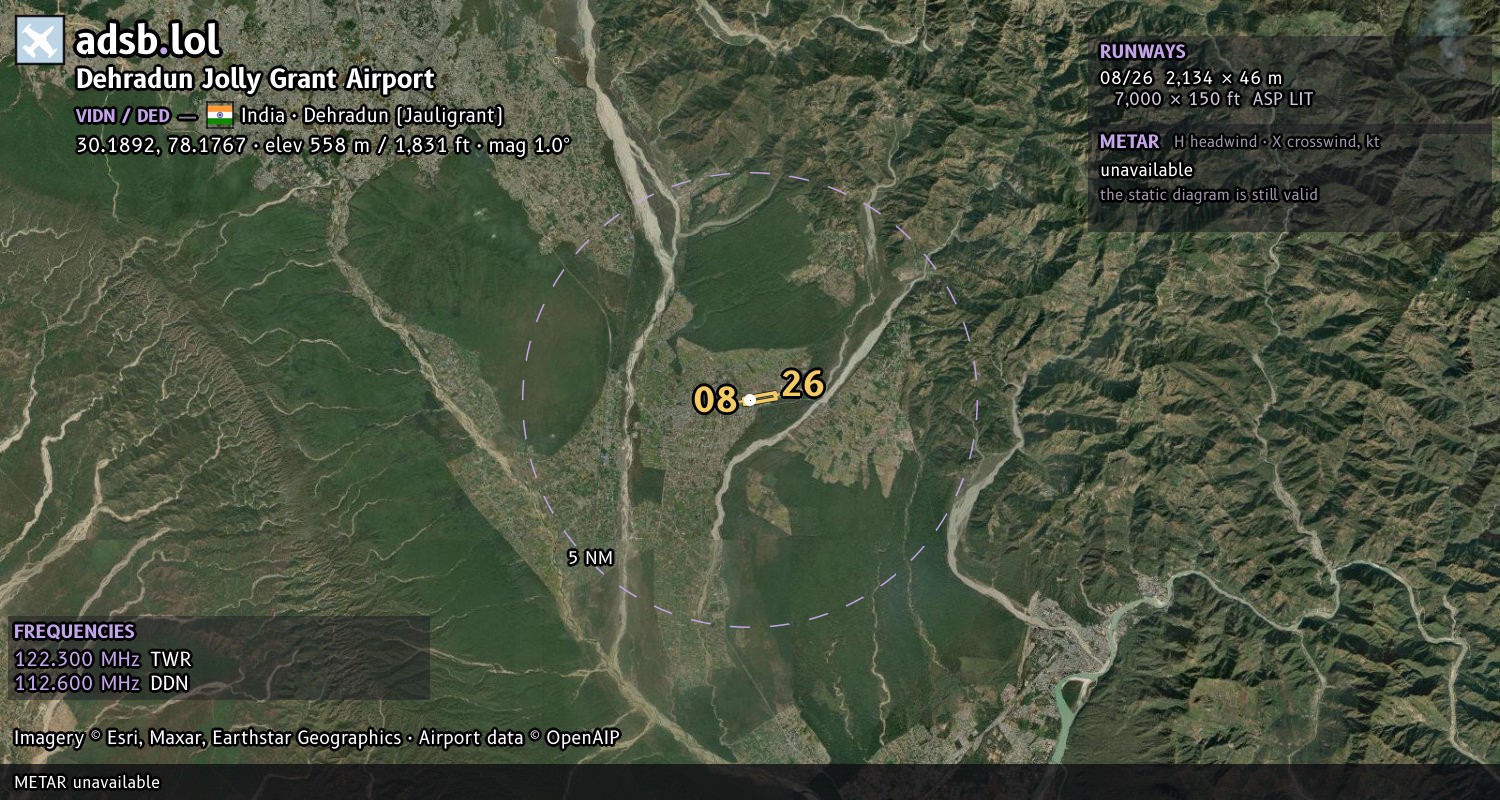 Satellite map with the runway layout of Dehradun Jolly Grant Airport (VIDN)