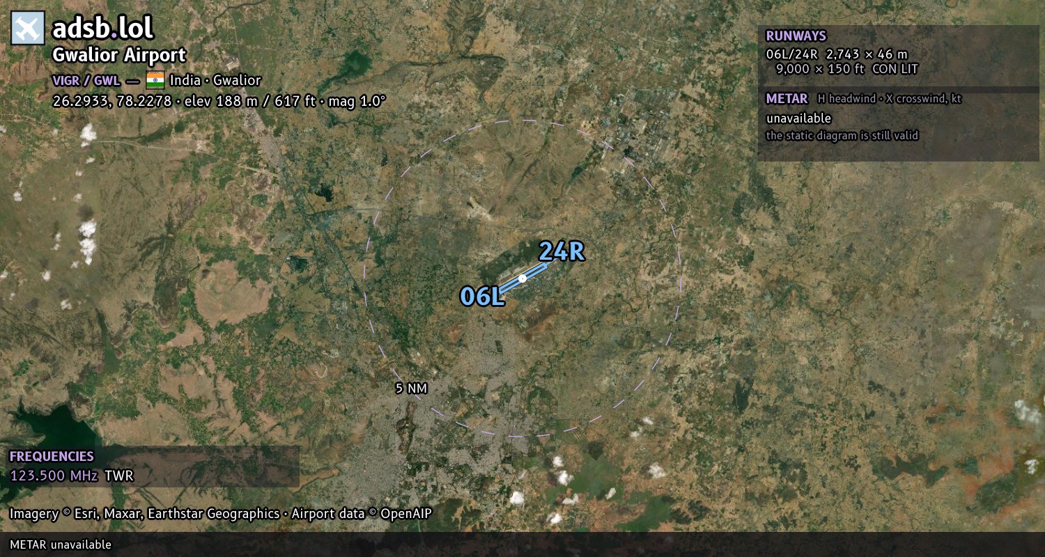 Satellite map with the runway layout of Gwalior Airport (VIGR)