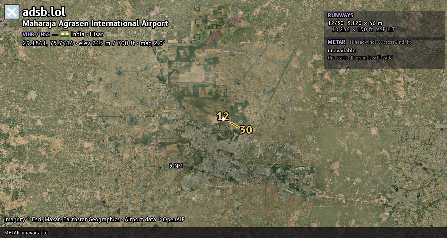 Satellite map with the runway layout of Maharaja Agrasen International Airport (VIHR)