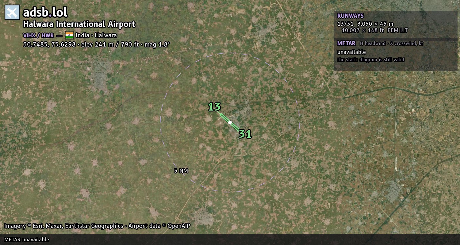 Satellite map with the runway layout of Halwara International Airport (VIHX)