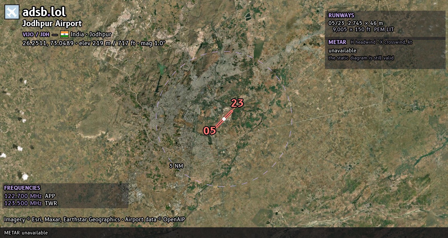 Satellite map with the runway layout of Jodhpur Airport (VIJO)