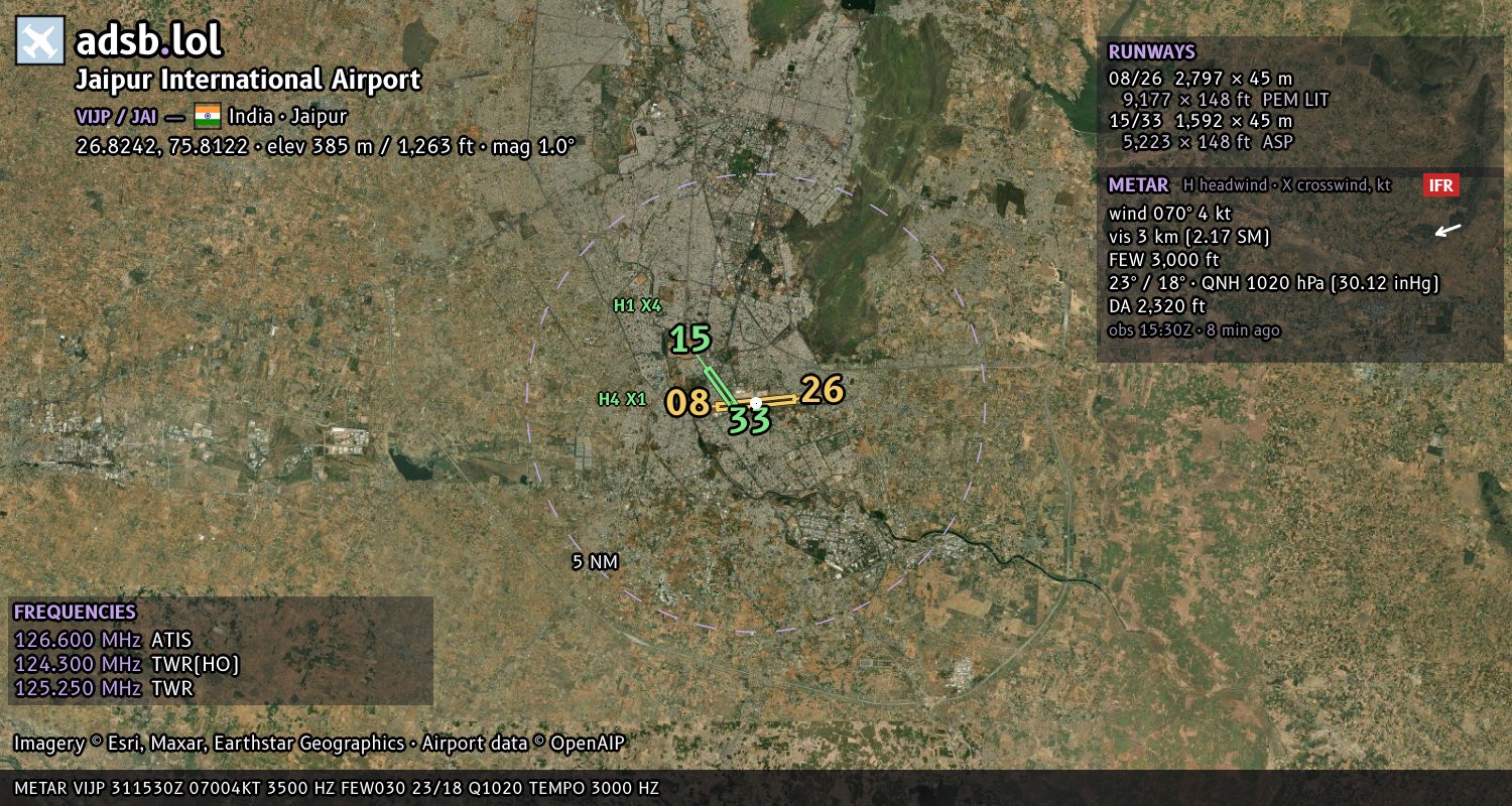 Satellite map with the runway layout of Jaipur International Airport (VIJP)