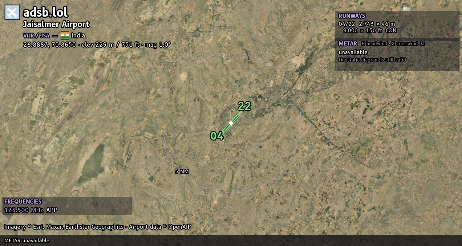 Satellite map with the runway layout of Jaisalmer Airport (VIJR)