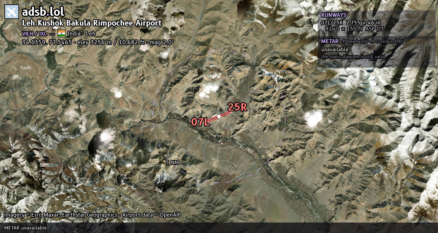 Satellite map with the runway layout of Leh Kushok Bakula Rimpochee Airport (VILH)
