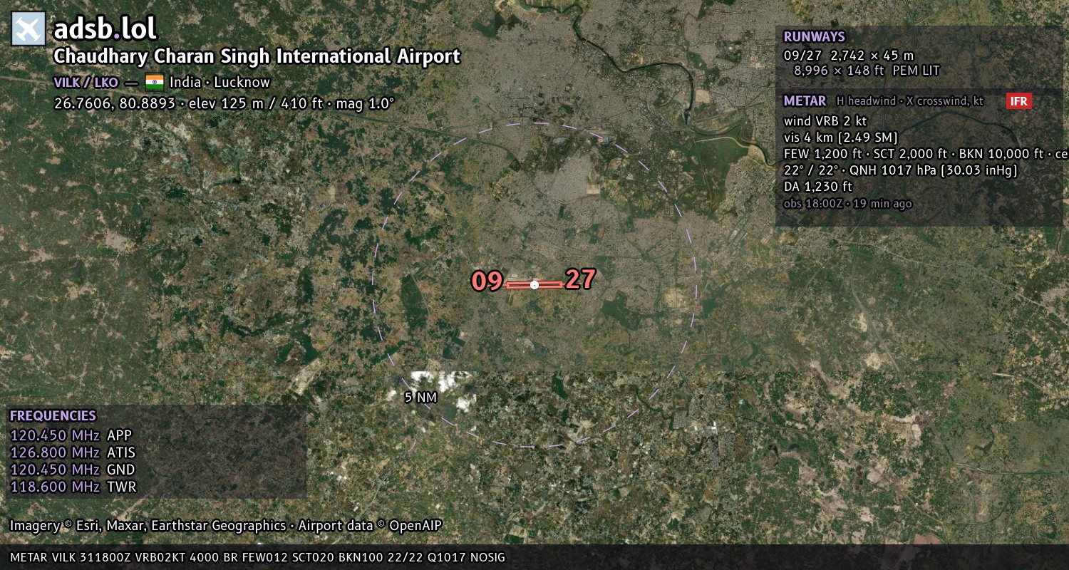 Satellite map with the runway layout of Chaudhary Charan Singh International Airport (VILK)