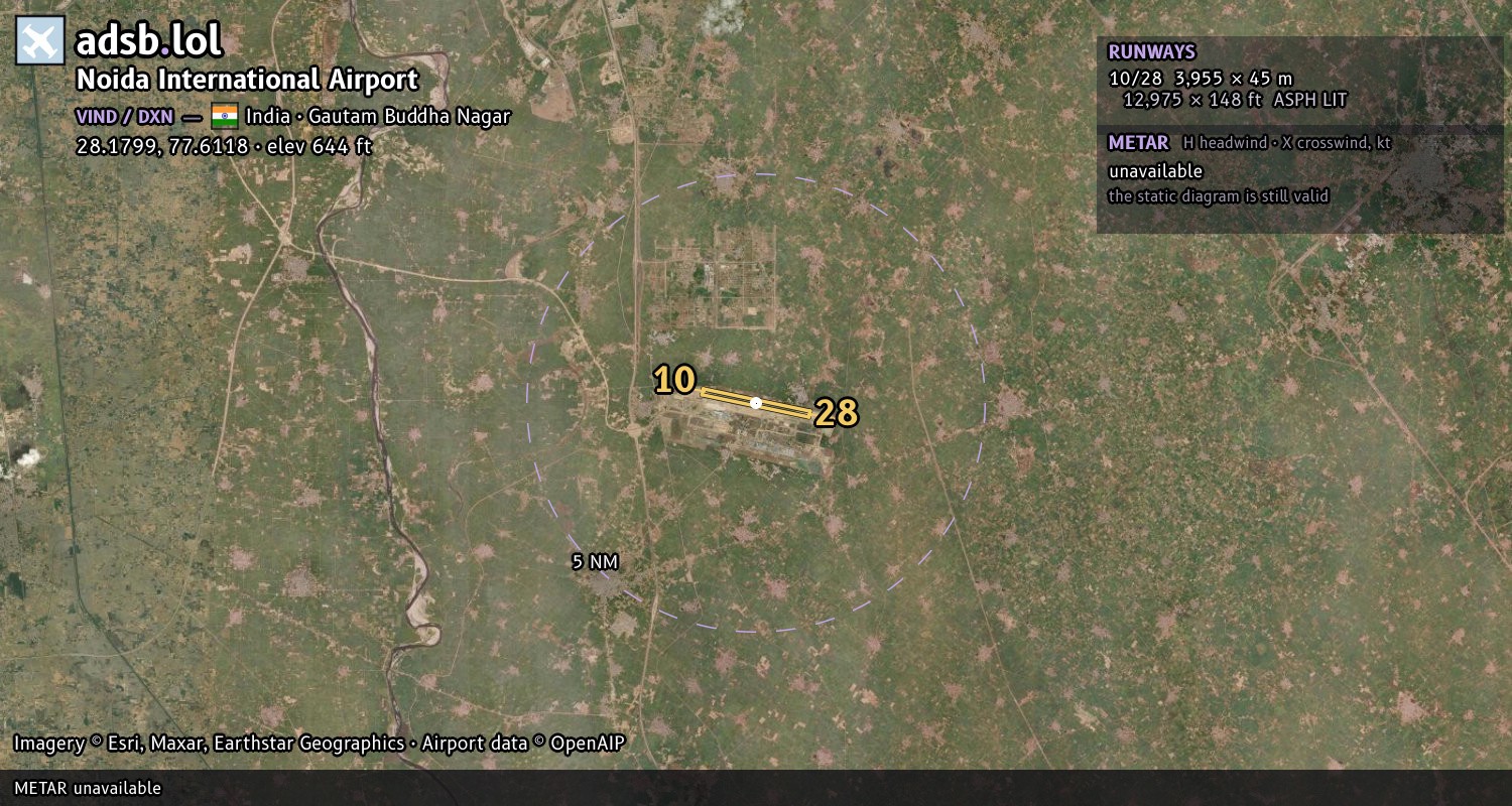 Satellite map with the runway layout of Noida International Airport (VIND)