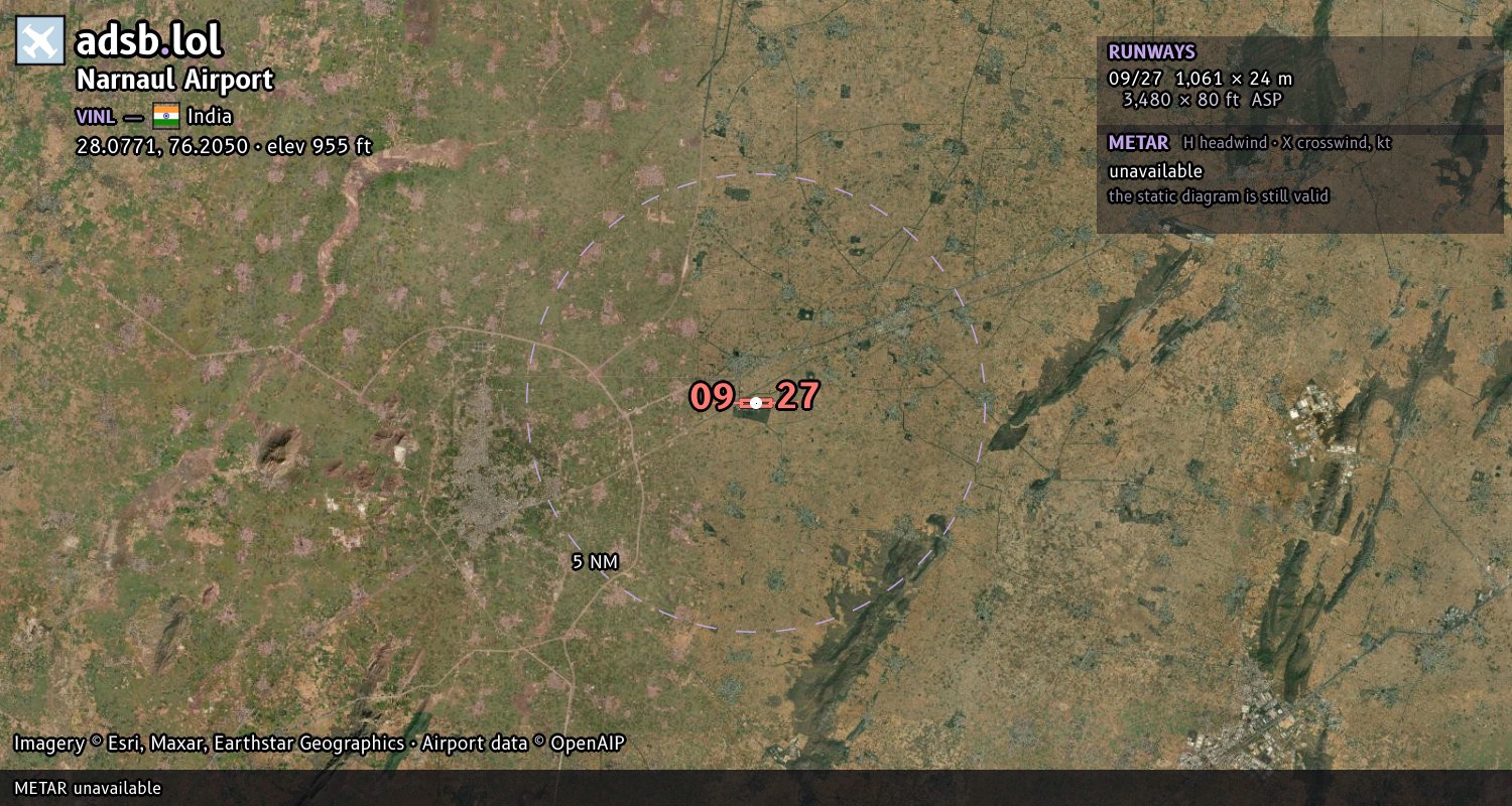 Satellite map with the runway layout of Narnaul Airport (VINL)