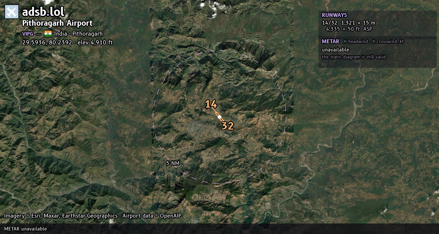 Satellite map with the runway layout of Pithoragarh Airport (VIPG)