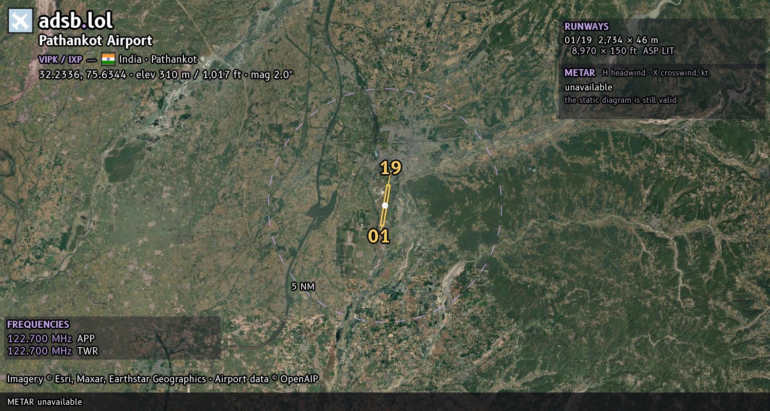 Satellite map with the runway layout of Pathankot Airport (VIPK)