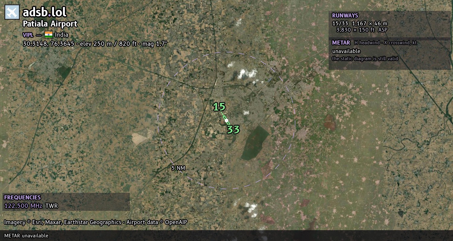 Satellite map with the runway layout of Patiala Airport (VIPL)