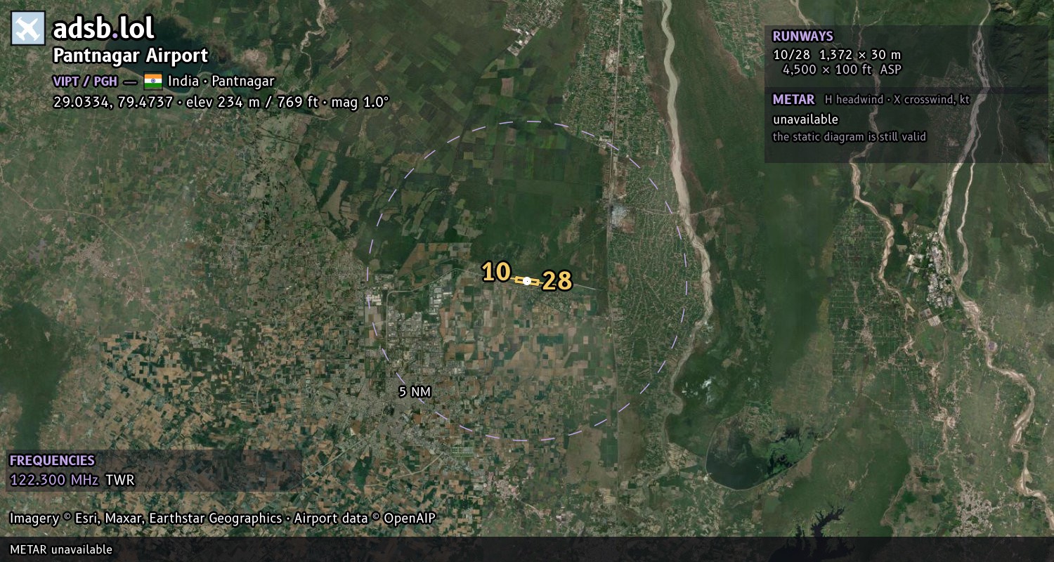 Satellite map with the runway layout of Pantnagar Airport (VIPT)