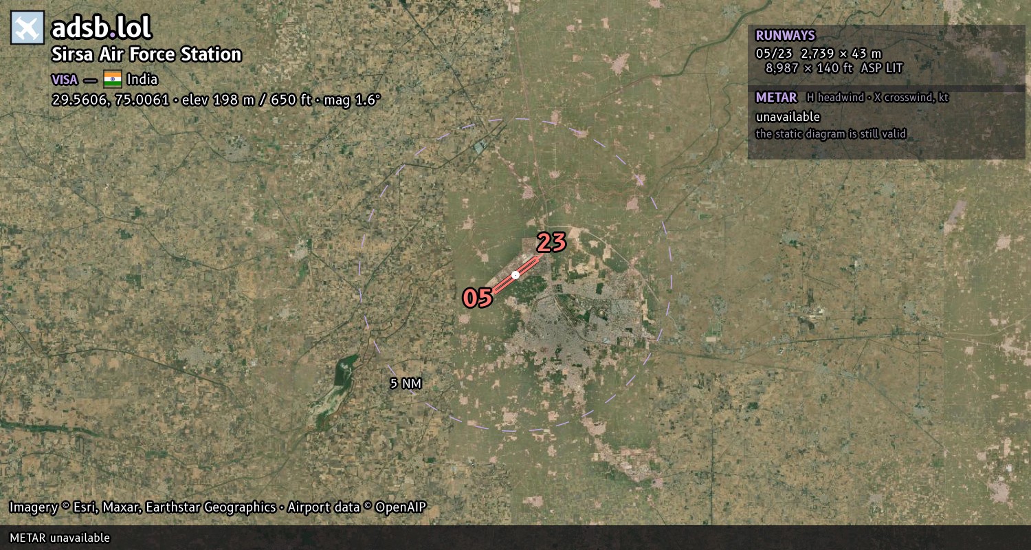 Satellite map with the runway layout of Sirsa Air Force Station (VISA)