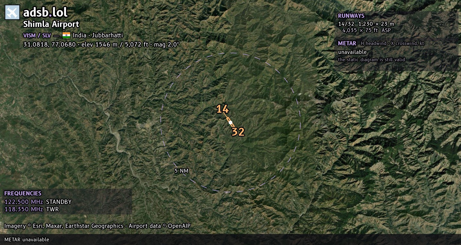 Satellite map with the runway layout of Shimla Airport (VISM)