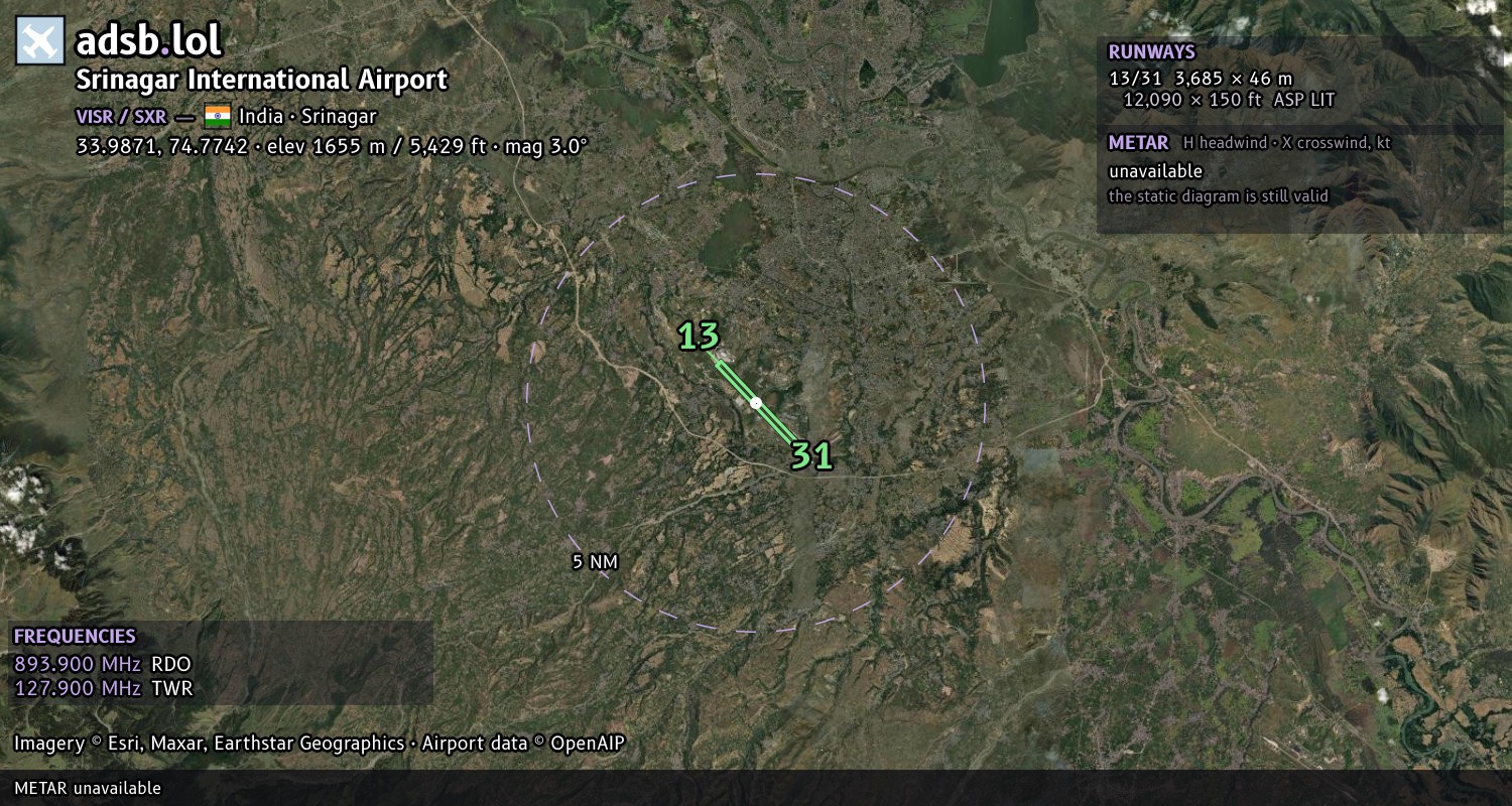 Satellite map with the runway layout of Srinagar International Airport (VISR)