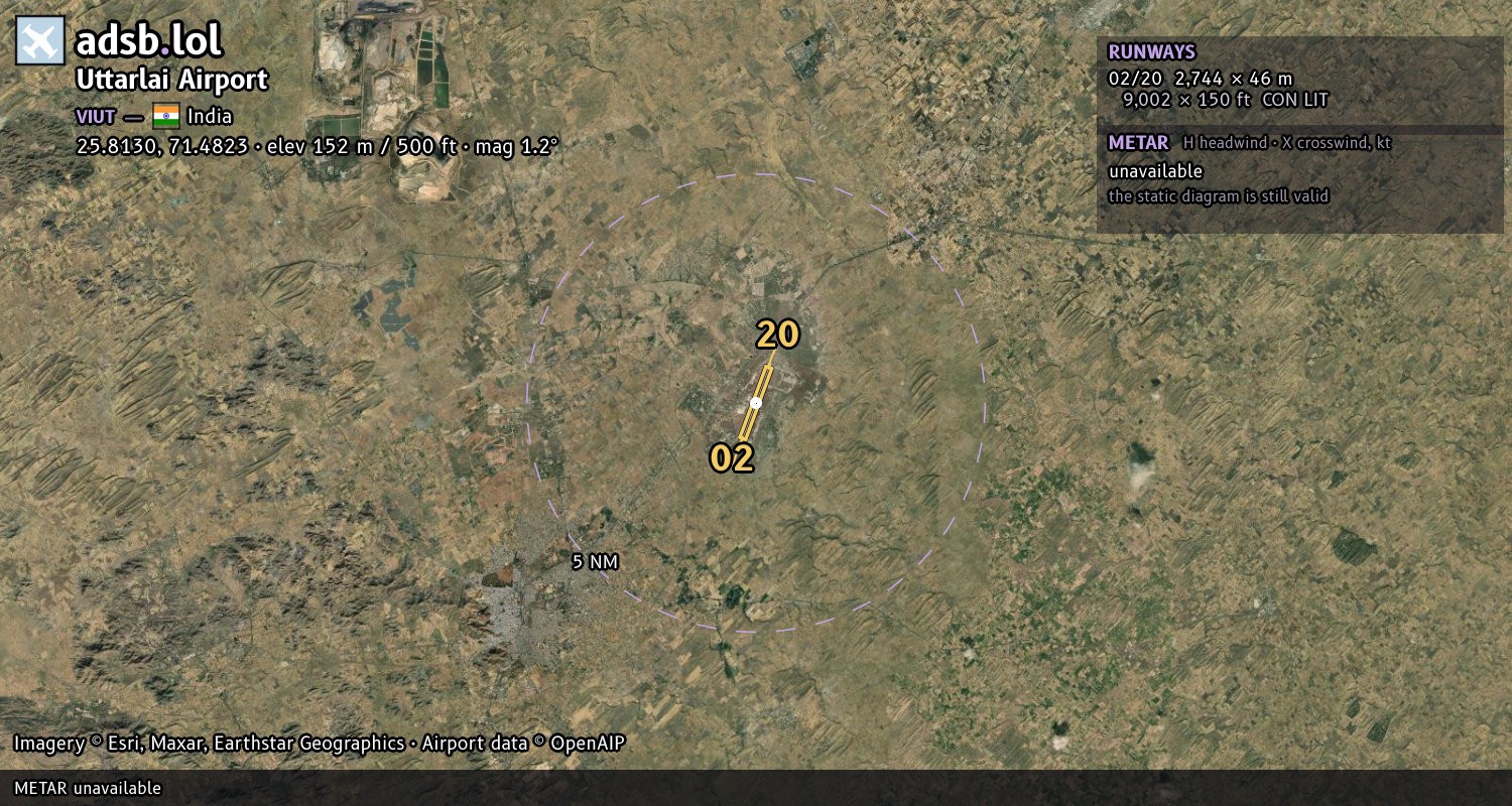 Satellite map with the runway layout of Uttarlai Airport (VIUT)