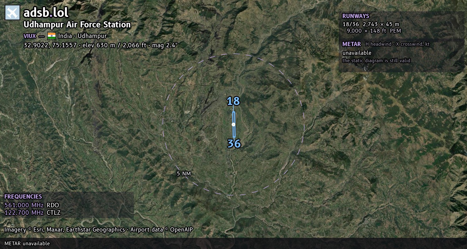 Satellite map with the runway layout of Udhampur Air Force Station (VIUX)