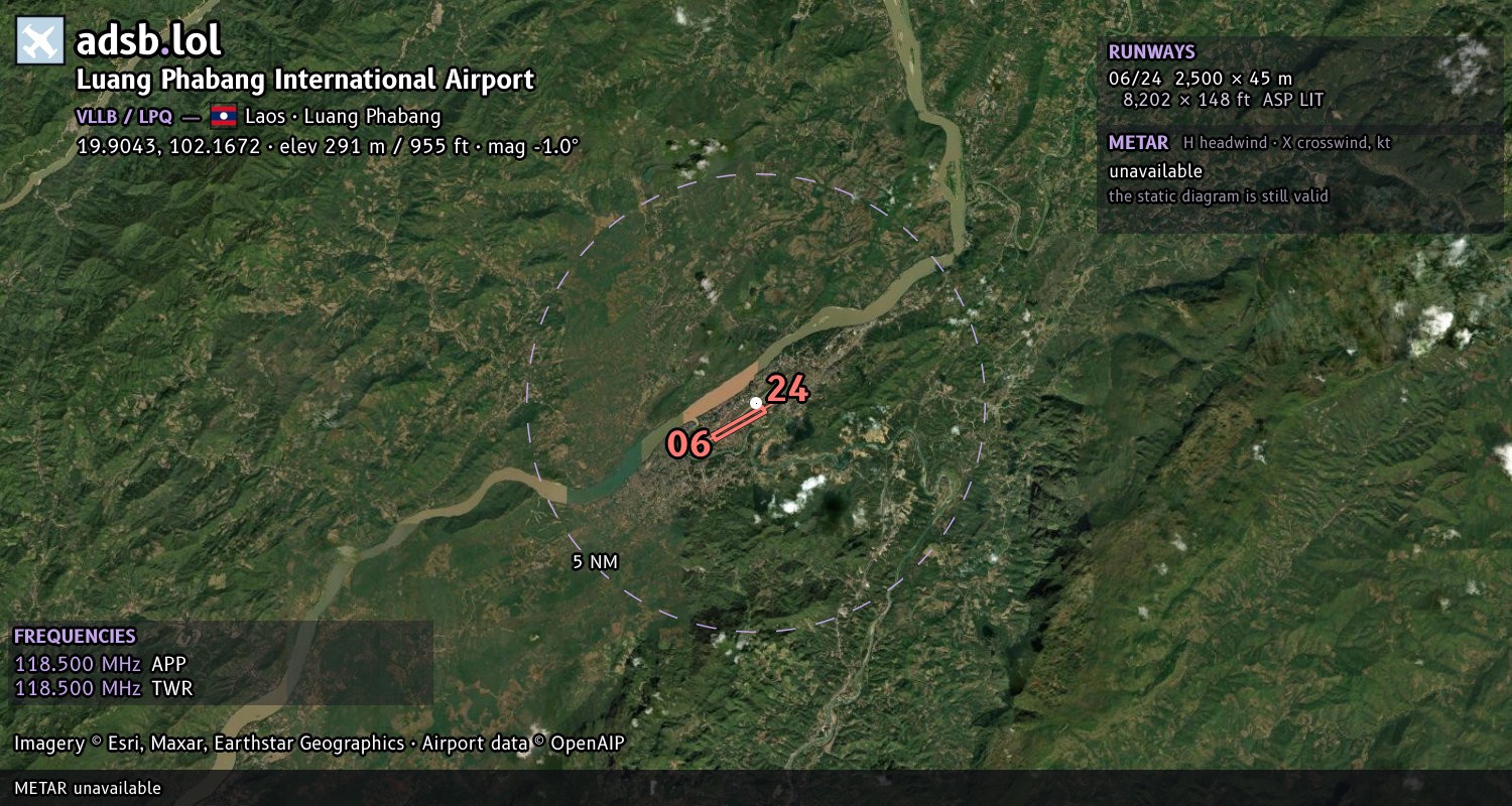 Satellite map with the runway layout of Luang Phabang International Airport (VLLB)