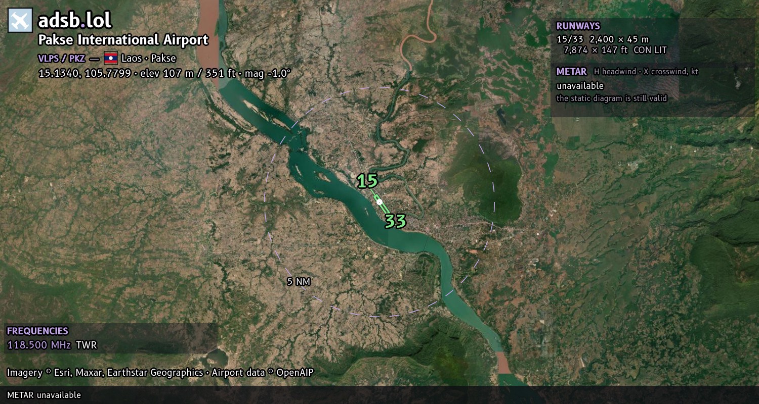 Satellite map with the runway layout of Pakse International Airport (VLPS)