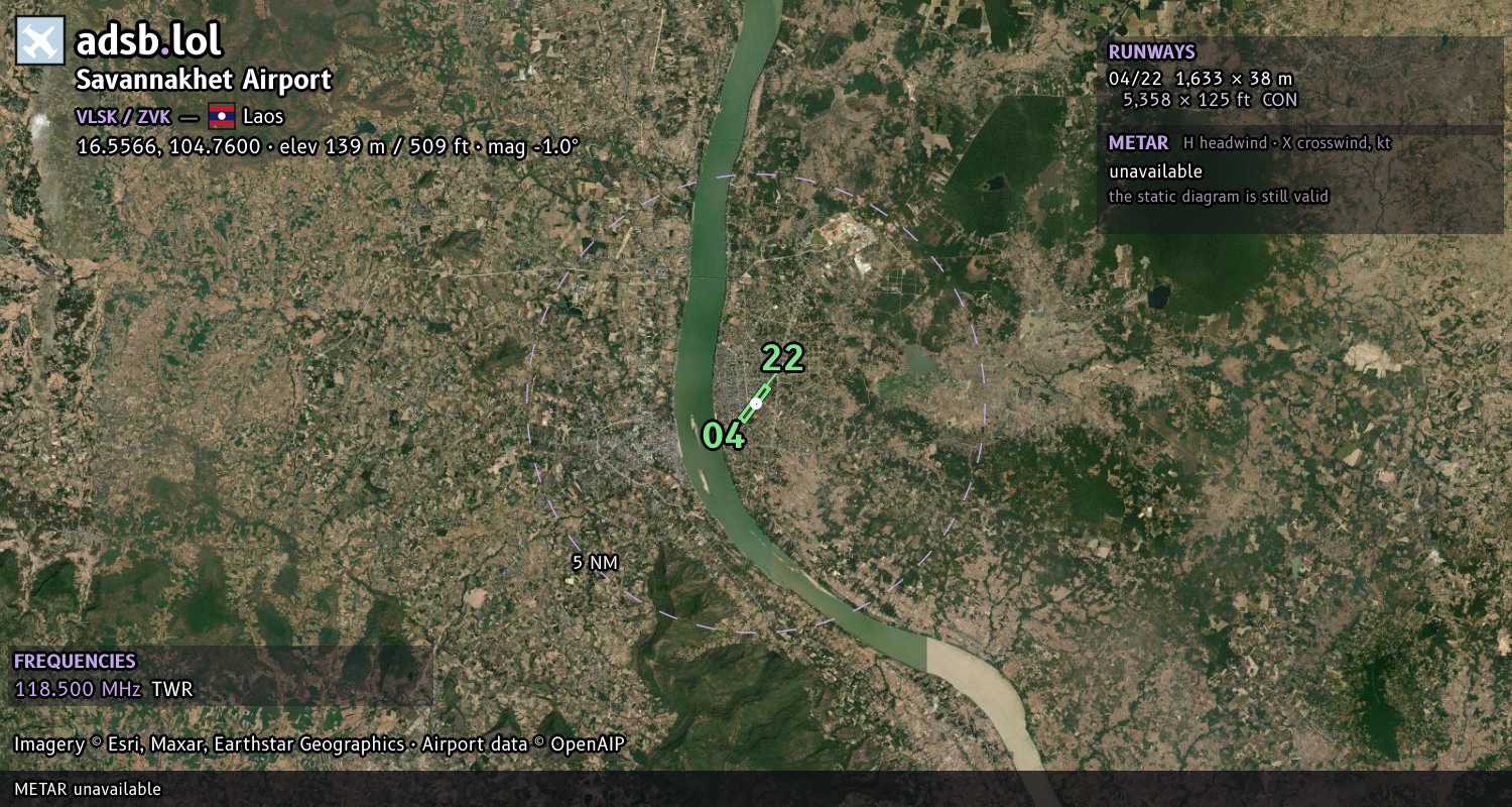 Satellite map with the runway layout of Savannakhet Airport (VLSK)