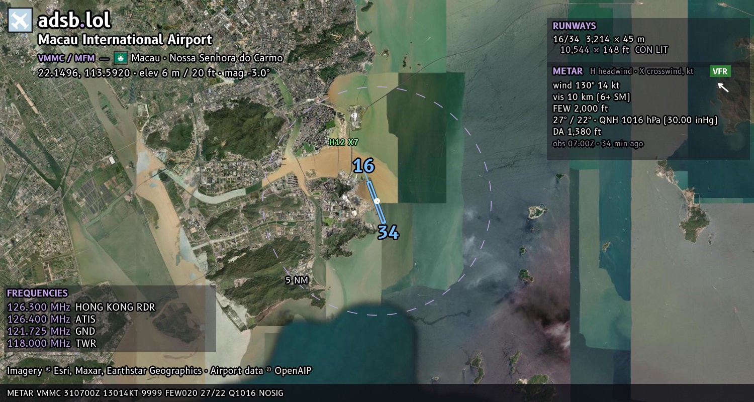 Satellite map with the runway layout of Macau International Airport (VMMC)