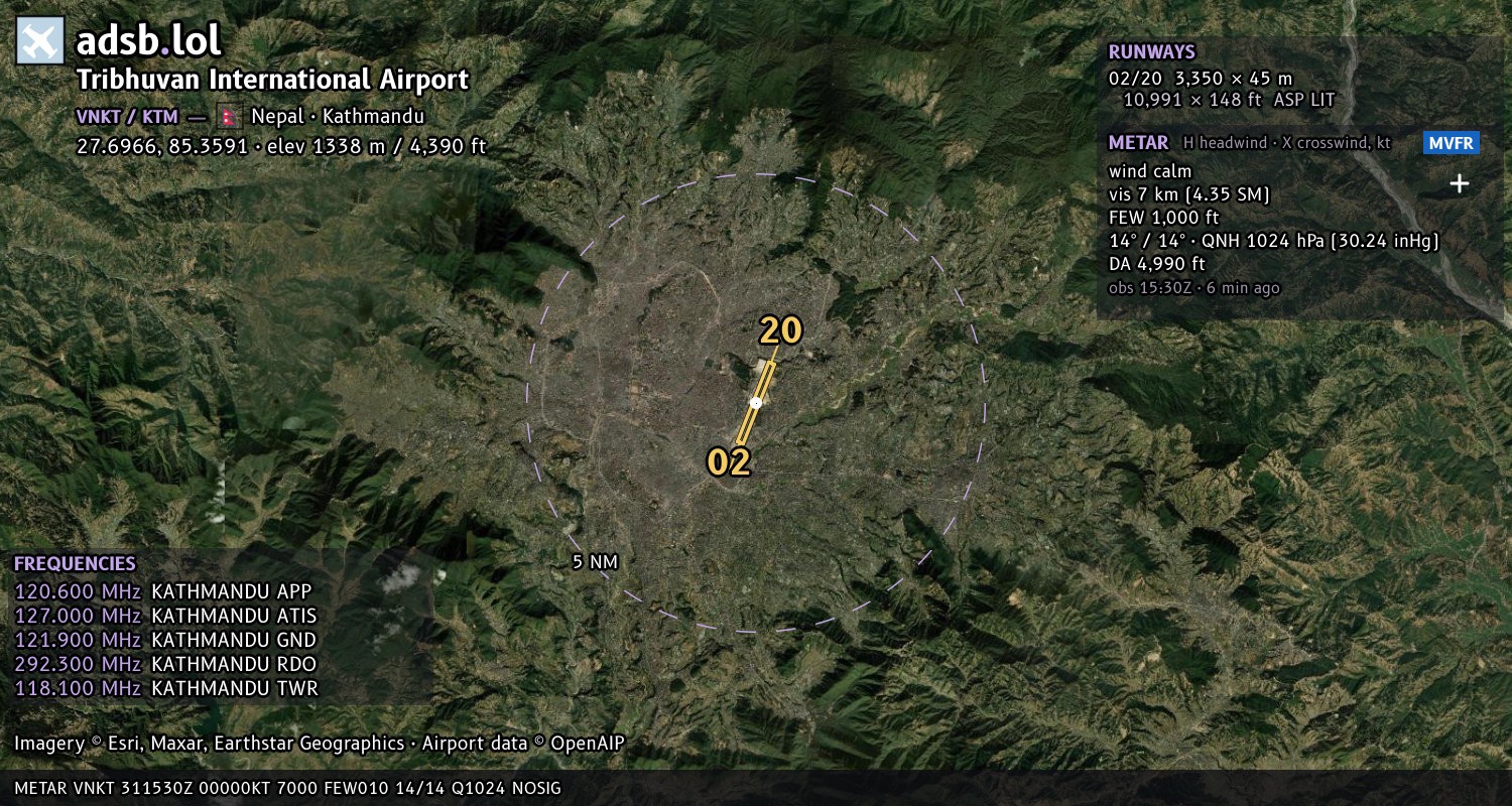 Satellite map with the runway layout of Tribhuvan International Airport (VNKT)