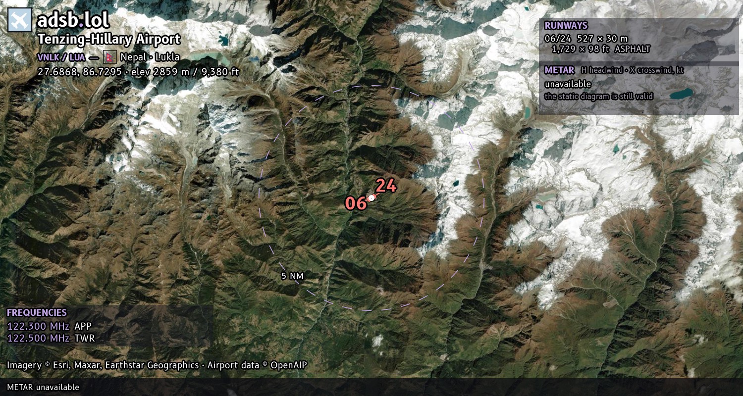 Satellite map with the runway layout of Tenzing-Hillary Airport (VNLK)
