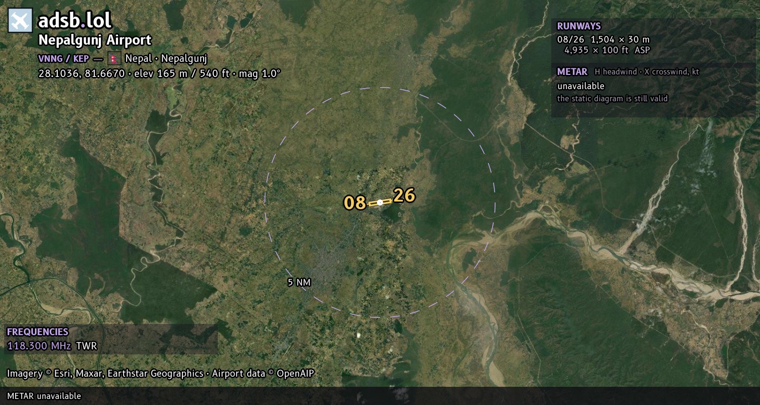 Satellite map with the runway layout of Nepalgunj Airport (VNNG)